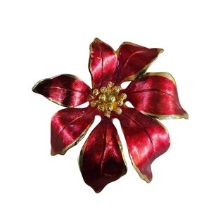 Vintage Cerrito Christmas Red Poinsettia Flower Goldtone And Red Enamel Brooch